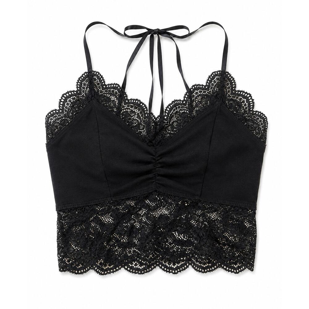 Bozzolo Black Lace Trim V-Neck Cropped Cami Tank Top - Picture 2 of 3
